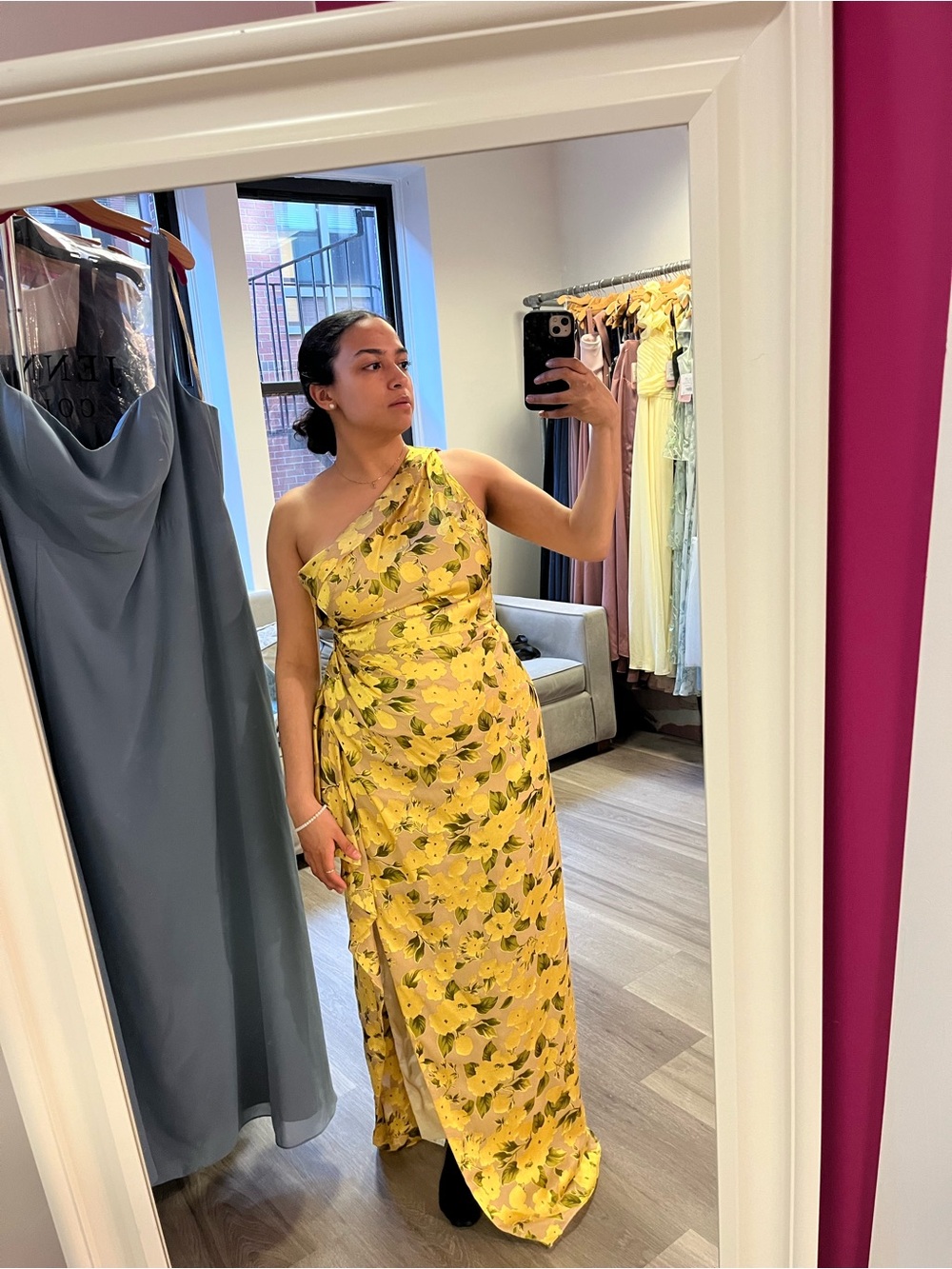 Jenny Yoo Yellow Floral One-Shoulder Maxi Dress - Picture 2 of 4
